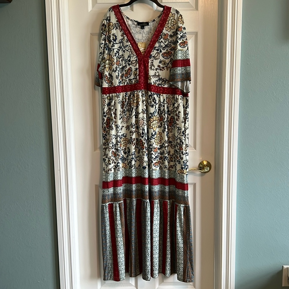 Suzanne Betro Cream Maxi Dress with Red Trim and Blue Floral Print